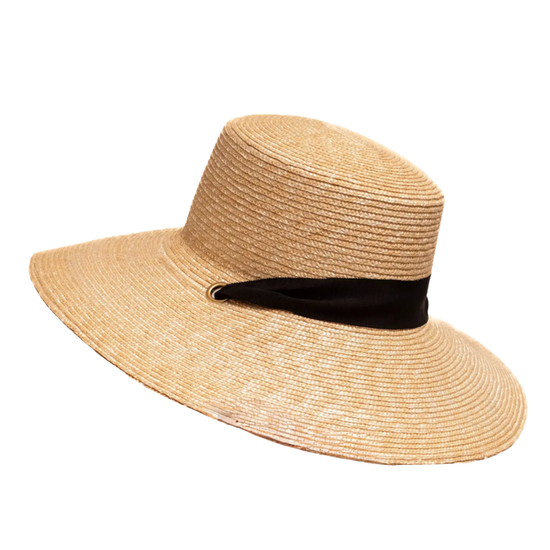 Beige straw hat with a black band on a white background