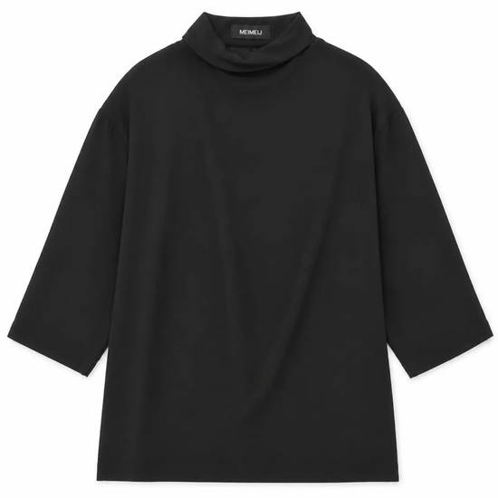A black long-sleeve mock neck top with a relaxed, oversized fit, displayed flat against a solid white background.