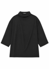 A black long-sleeve mock neck top with a relaxed, oversized fit, displayed flat against a solid white background.