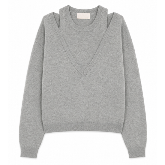 flat lay of a light grey jumper with a mock vest 