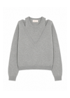 flat lay of a light grey jumper with a mock vest 