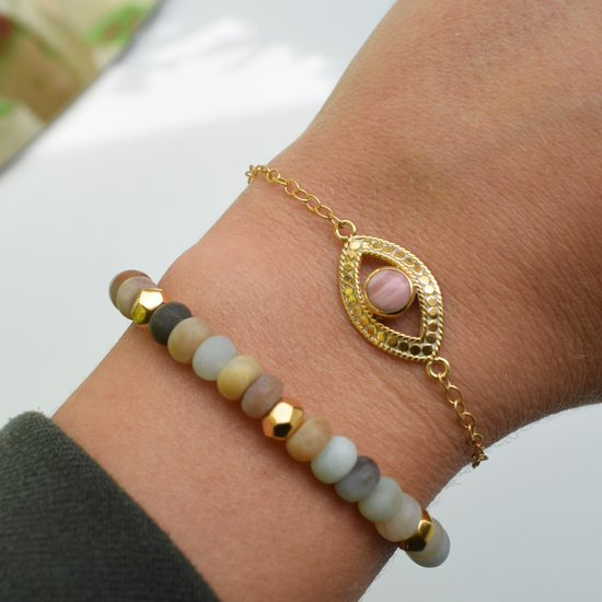 Gold evil eye bracelet with pink opal stone 