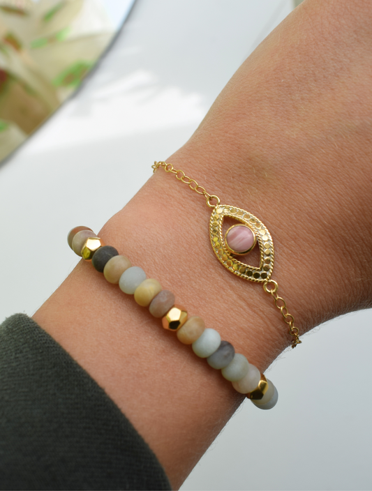 Gold evil eye bracelet with pink opal stone 