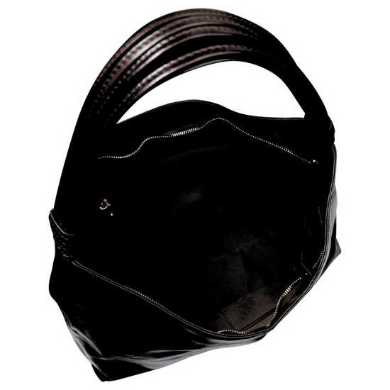 Black leather handbag with sleek knotted top handle.