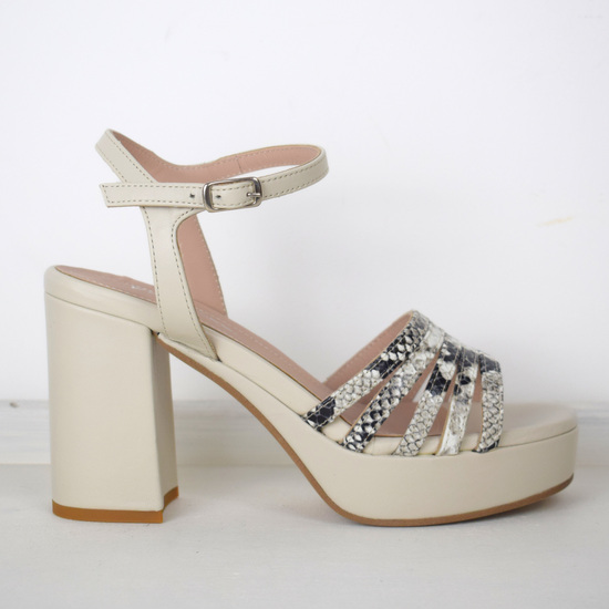 Off white platform heel with snake print straps 