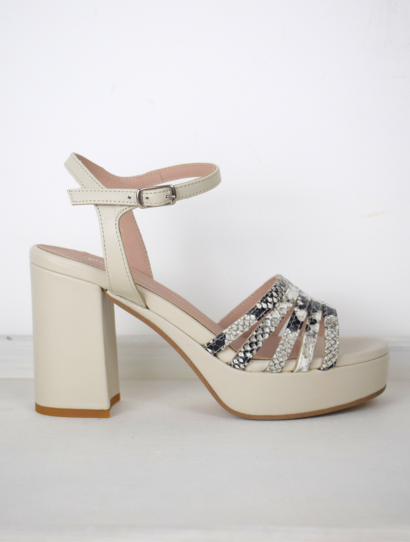 Off white platform heel with snake print straps 