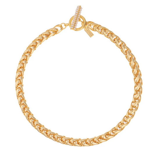 Chunky gold T-bar Necklace with pearl detailing. 