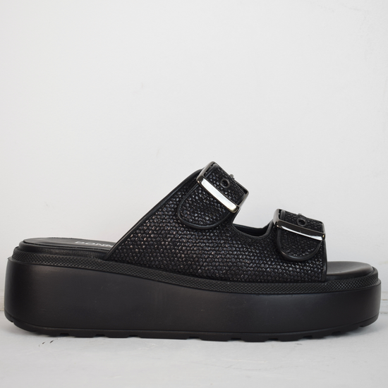 Black raffia sliders with double strap and platform sole