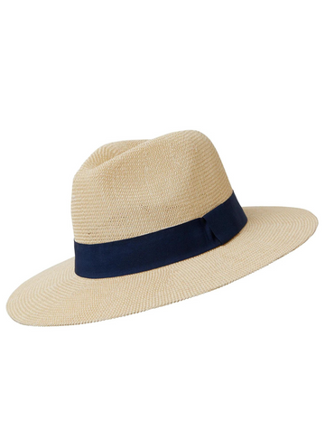 Panama hat with a navy ribbon