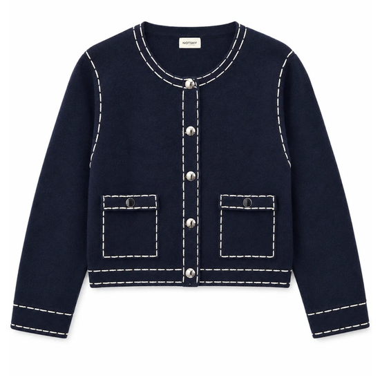 flat lay image of a navy cardigan with white stitch detailing on a white background