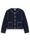flat lay image of a navy cardigan with white stitch detailing on a white background