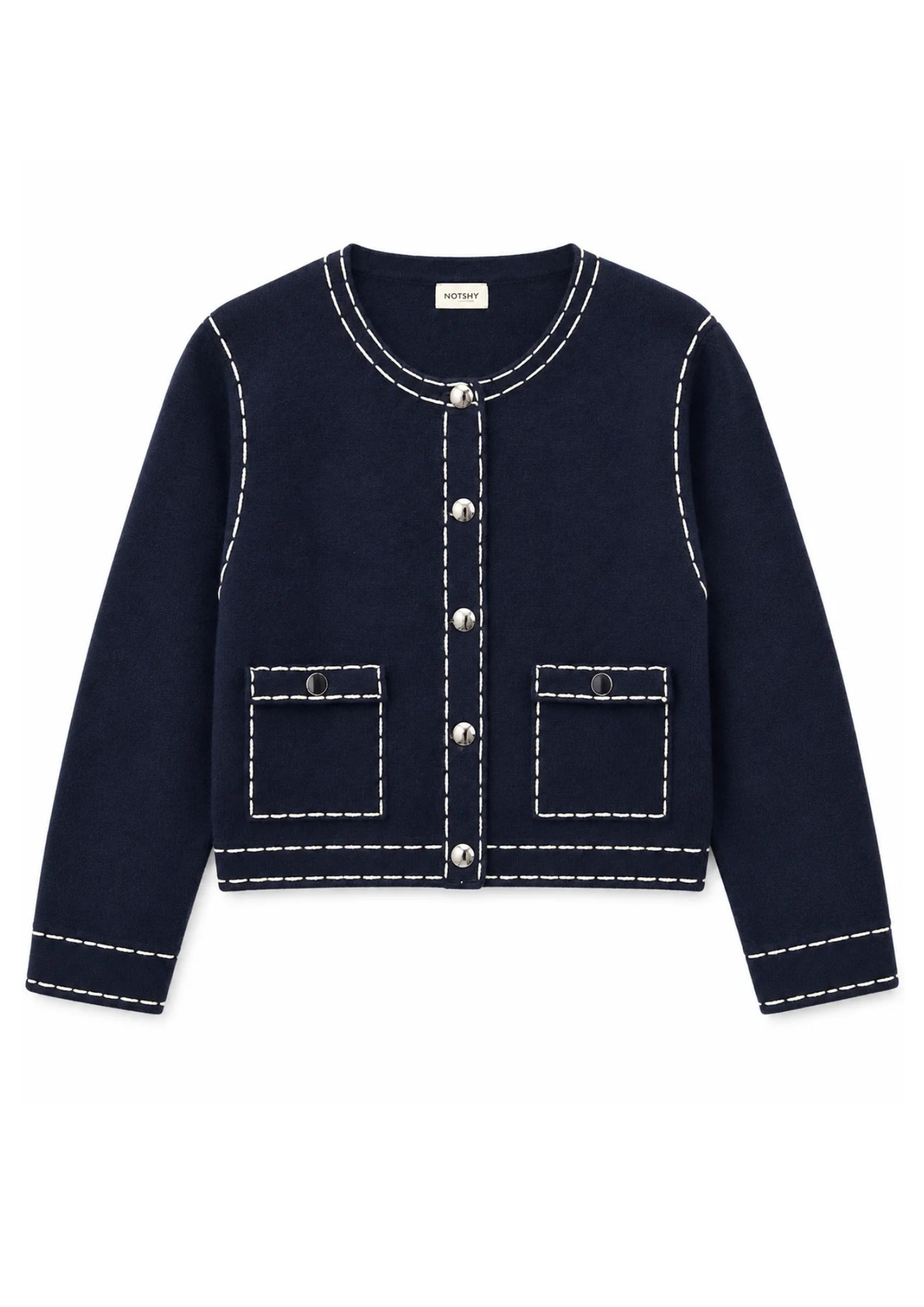 flat lay image of a navy cardigan with white stitch detailing on a white background
