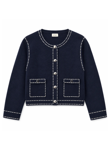 flat lay image of a navy cardigan with white stitch detailing on a white background