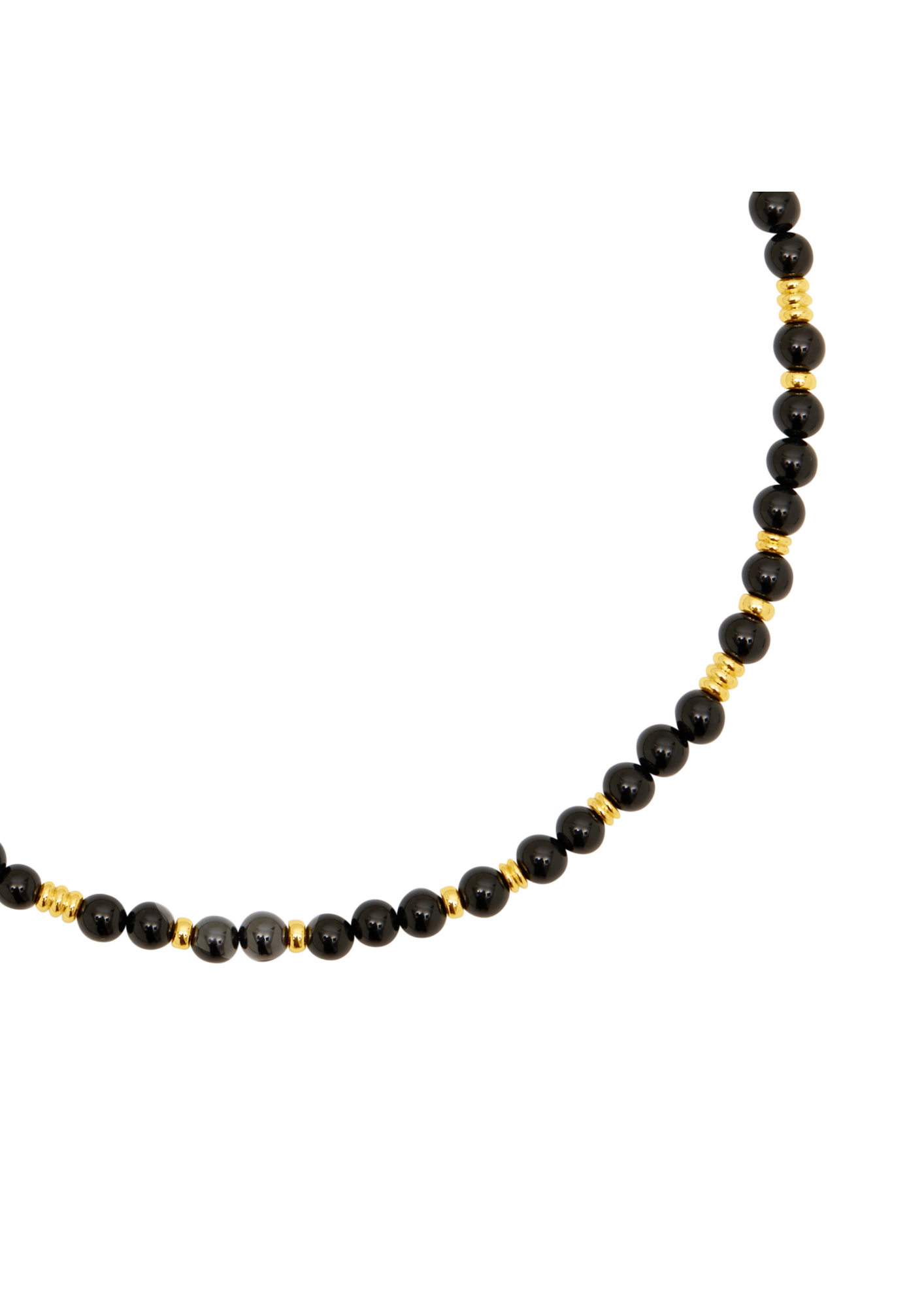 A beaded necklace featuring glossy black round beads separated by small gold spacers, displayed on a clean white background.