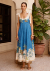 tie strap midi dress with blue and cream flora print model shot