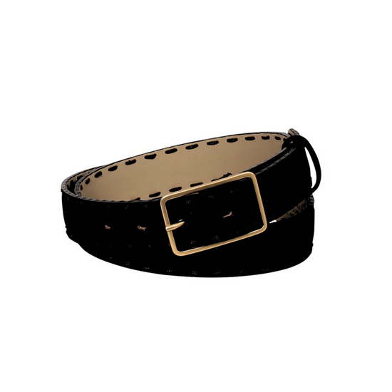 Black suede belt with gold buckle and black stitching.