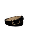 Black suede belt with gold buckle and black stitching.