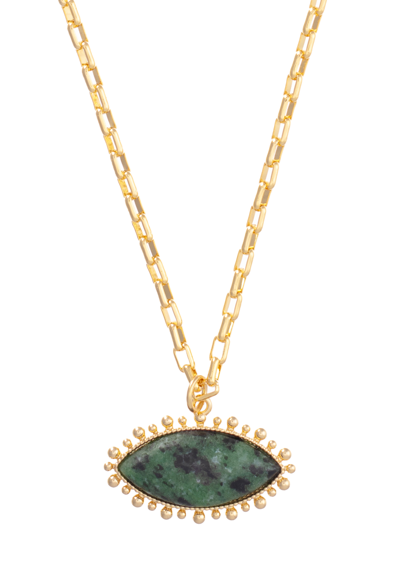 Green evil eye style necklace on a gold plated brass chain