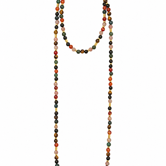 A long beaded necklace made of small round beads in multiple earthy colors including black, red, orange, green, beige, and white, with small gold spacer accents and a gold clasp, shown on a plain white background.