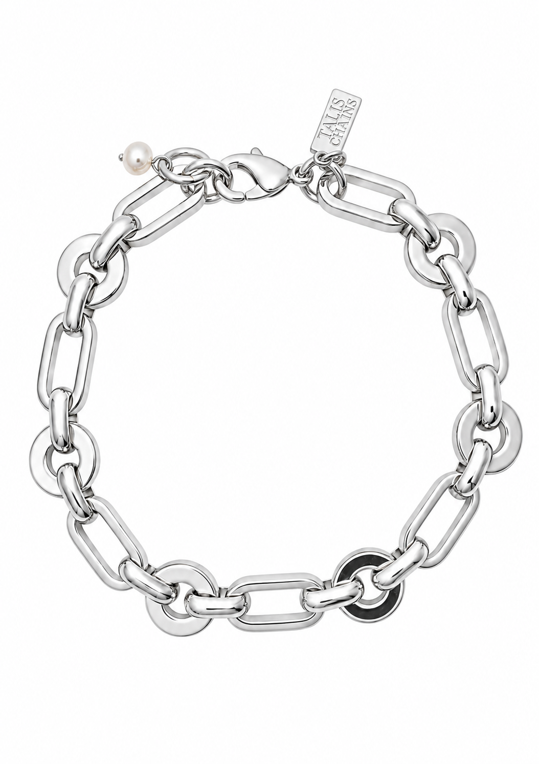 silver chunky link bracelet in silver as a flat lay image on a white background 