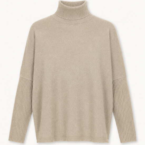 A light beige knit turtleneck sweater with ribbed sleeve cuffs, displayed against a clean white background.