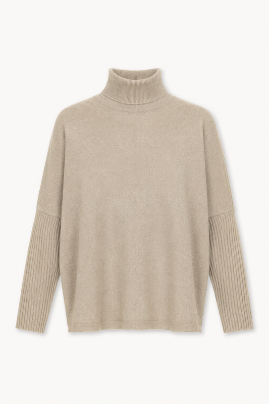 A light beige knit turtleneck sweater with ribbed sleeve cuffs, displayed against a clean white background.