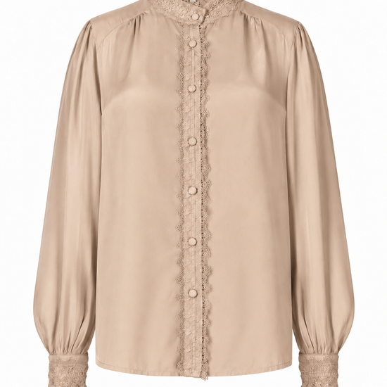 A beige long-sleeve blouse with a high lace-trimmed collar, scalloped lace placket, and lace cuffs, shown on a plain white background.