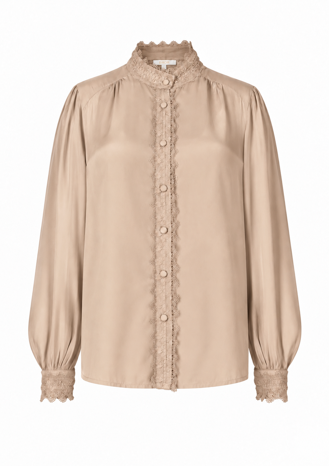 A beige long-sleeve blouse with a high lace-trimmed collar, scalloped lace placket, and lace cuffs, shown on a plain white background.