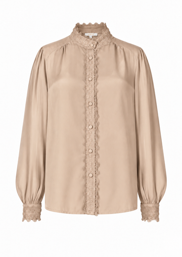 A beige long-sleeve blouse with a high lace-trimmed collar, scalloped lace placket, and lace cuffs, shown on a plain white background.