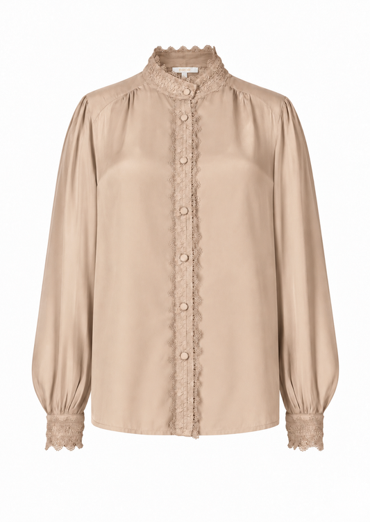 A beige long-sleeve blouse with a high lace-trimmed collar, scalloped lace placket, and lace cuffs, shown on a plain white background.