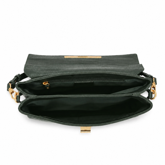 An open dark green leather shoulder bag with gold-tone hardware, showing its interior compartments and lining against a plain white background.