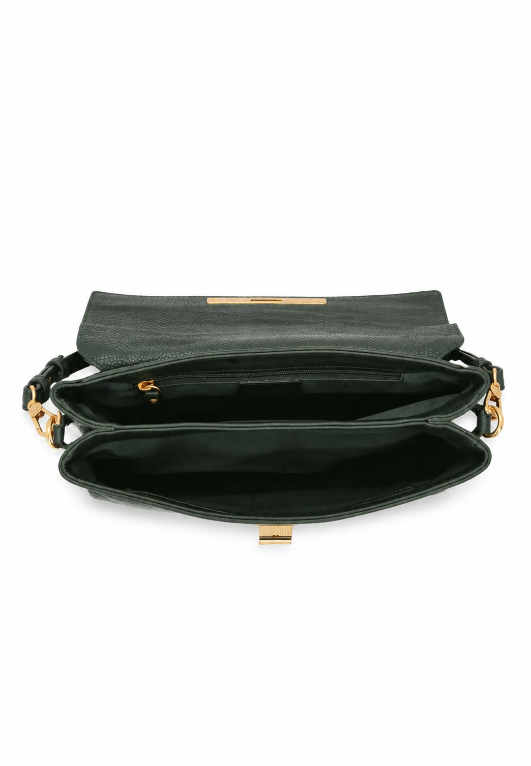An open dark green leather shoulder bag with gold-tone hardware, showing its interior compartments and lining against a plain white background.