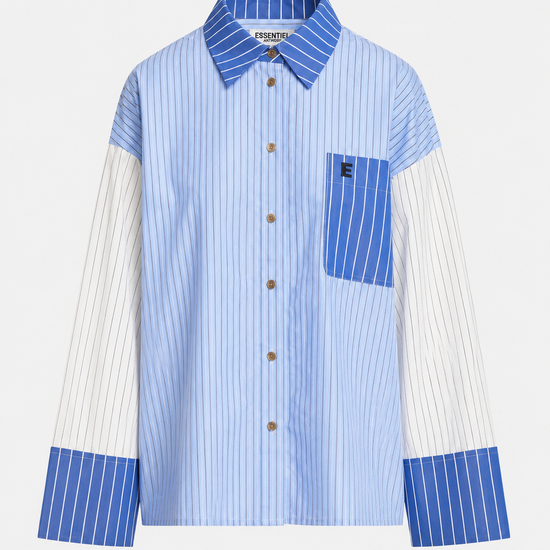 A long-sleeve button-up shirt by Fendi, featuring a light blue and white vertical stripe body, solid blue pinstriped collar, pocket, and cuffs, and solid white sleeves. The shirt is displayed flat against a light gray background.