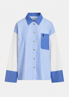 A long-sleeve button-up shirt by Fendi, featuring a light blue and white vertical stripe body, solid blue pinstriped collar, pocket, and cuffs, and solid white sleeves. The shirt is displayed flat against a light gray background.