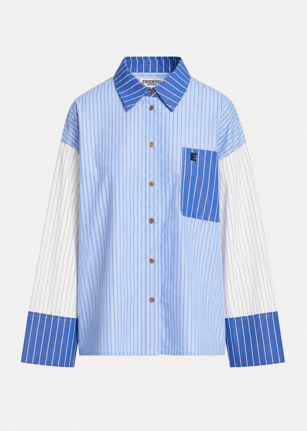 A long-sleeve button-up shirt by Fendi, featuring a light blue and white vertical stripe body, solid blue pinstriped collar, pocket, and cuffs, and solid white sleeves. The shirt is displayed flat against a light gray background.