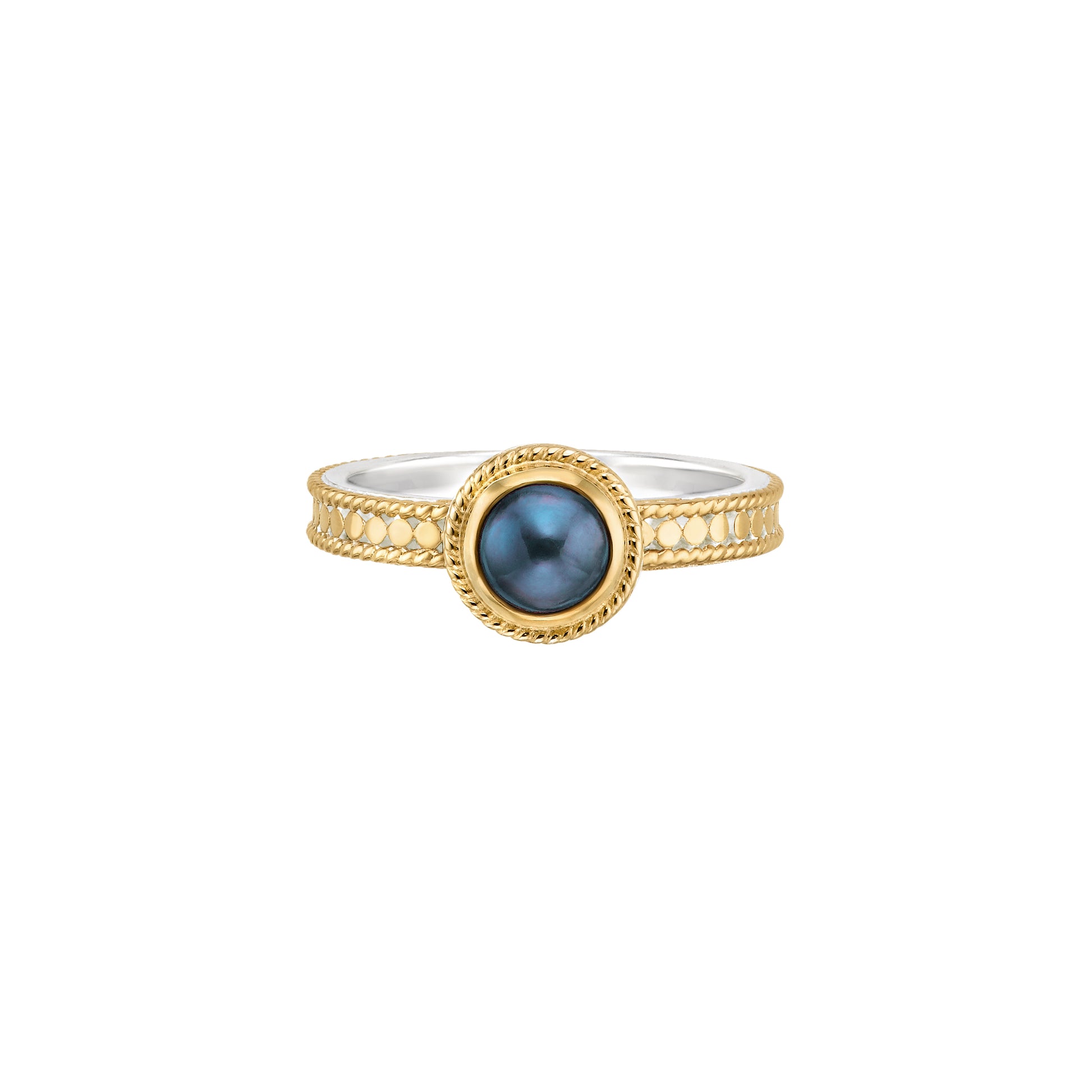 gold dotted ring with a blue pearl in the centre from anna beck