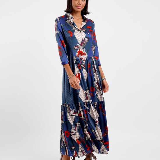 maxi silk shirt dress with v neck and blue colourful eagle print