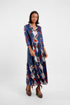 maxi silk shirt dress with v neck and blue colourful eagle print