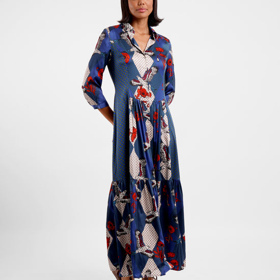  maxi silk shirt dress with v neck and blue colourful eagle print model shot 