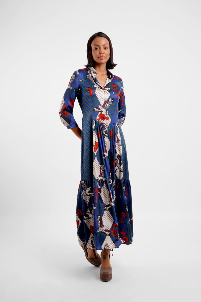  maxi silk shirt dress with v neck and blue colourful eagle print model shot 