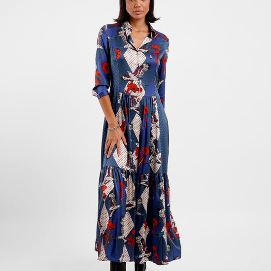 maxi silk shirt dress with v neck and blue colourful eagle print model shot