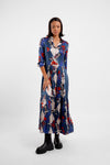maxi silk shirt dress with v neck and blue colourful eagle print model shot