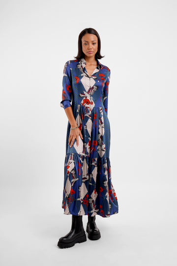 maxi silk shirt dress with v neck and blue colourful eagle print model shot