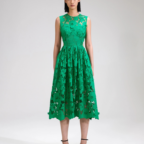 Floral lace green sleeveless midi dress