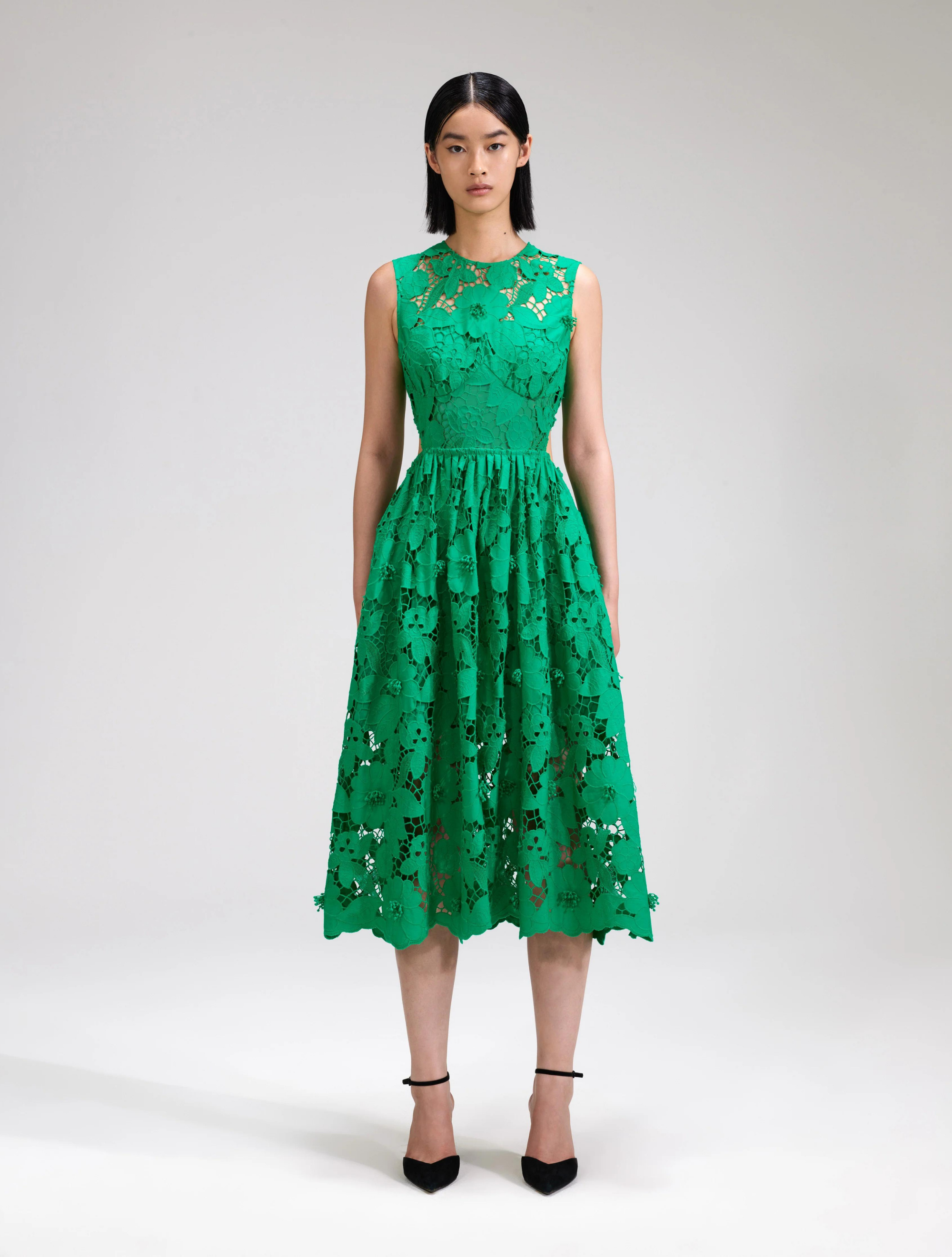 Floral lace green sleeveless midi dress