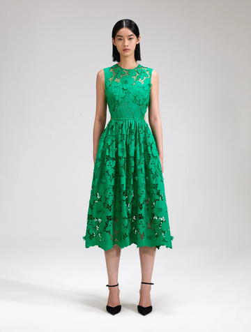 Floral lace green sleeveless midi dress