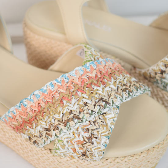 Blush raffia platform sandal with cross foot strap from pastel coloured raffia