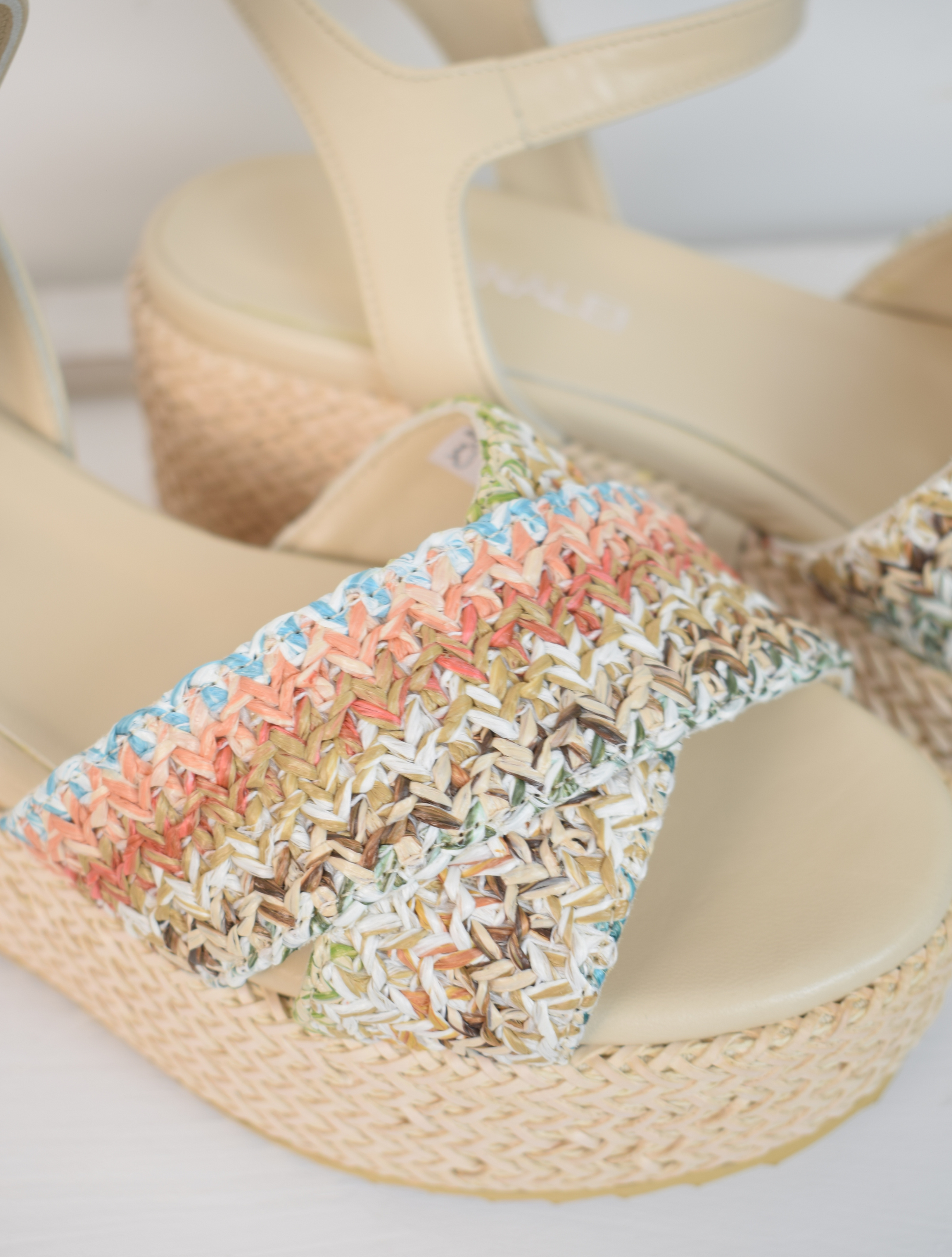 Blush raffia platform sandal with cross foot strap from pastel coloured raffia