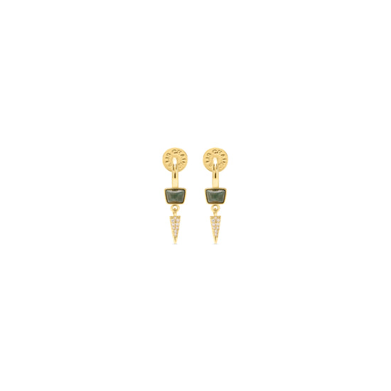 A pair of gold drop earrings featuring a square green stone, a small gold bead, and a dangling pointed gold section set with tiny clear stones, shown on a plain white background.