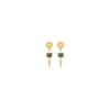 A pair of gold drop earrings featuring a square green stone, a small gold bead, and a dangling pointed gold section set with tiny clear stones, shown on a plain white background.